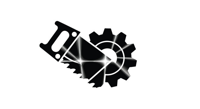 Hand saw and mechanical gear icon represent industrial craftsmanship and production.