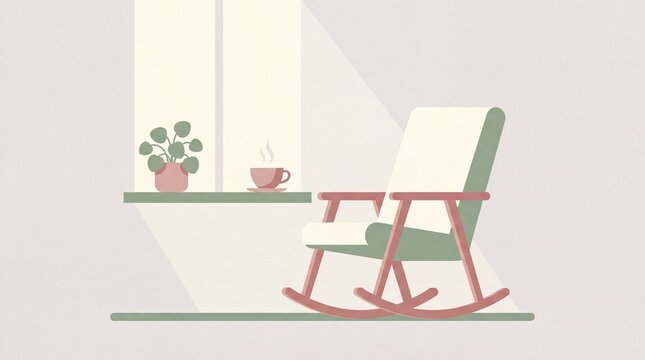 Minimalist rocking chair placed beside a sunny window with a steaming cup of tea and a potted plant in a peaceful indoor setting featuring soft pastel colors and flat vector illustration style