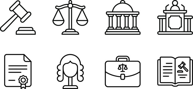 Legal Icons Set Featuring Gavel Scales Of Justice And Courthouse On A White Background advocacy appeal attorney