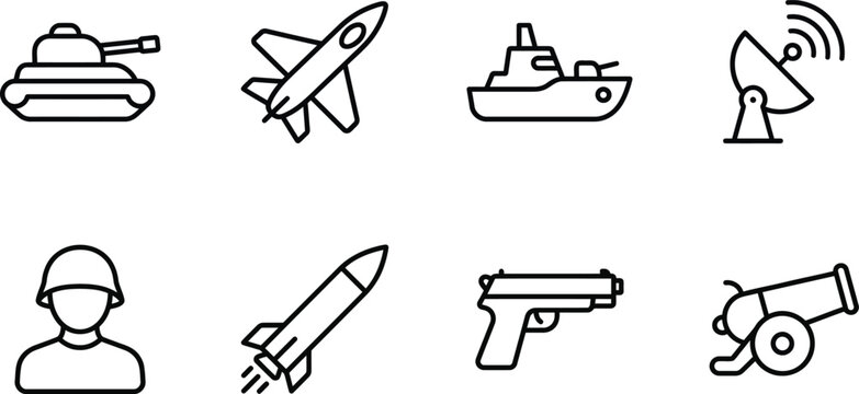 Military equipment line icons depicting tanks aircraft ships and weaponry on a white background army armament artillery