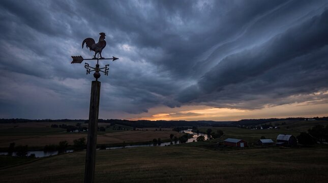Weather vane rooster silhouetted against dramatic storm clouds over a peaceful rural farm landscape at sunset with a winding river and red barns in the distance under a dark moody sky atmosphere