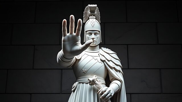 A marble sculpture of a stoic guard in white armor blocking dark shapes at a fortress wall.