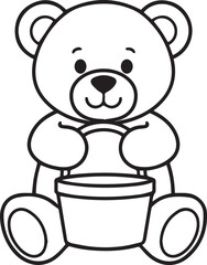 A charming illustration of a teddy bear holding a pot, rendered in simple black and white line art, perfect for coloring pages or whimsical designs. © DesignINKZ