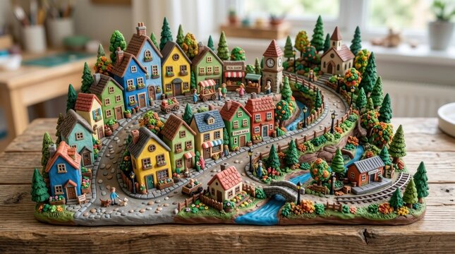 A detailed, miniature model of a small village with colorful houses, trees, and a winding road, all intricately crafted from clay or a similar material.