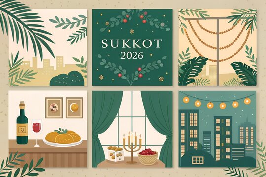 Six colorful square illustrations showcasing traditional Sukkot festival elements like festive food wine candles foliage and urban cityscapes designed with a modern flat artistic style for digital soc