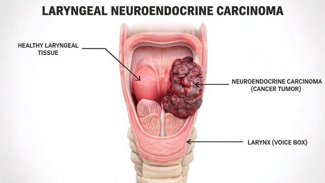Labeled 3D Anatomical Render of Laryngeal Neuroendocrine Carcinoma, Longitudinal Cutaway of Human Larynx Voice Box Comparing Healthy Tissue and Dark Lobulated Cancer Tumor, Three Arrow Markers Plain W
