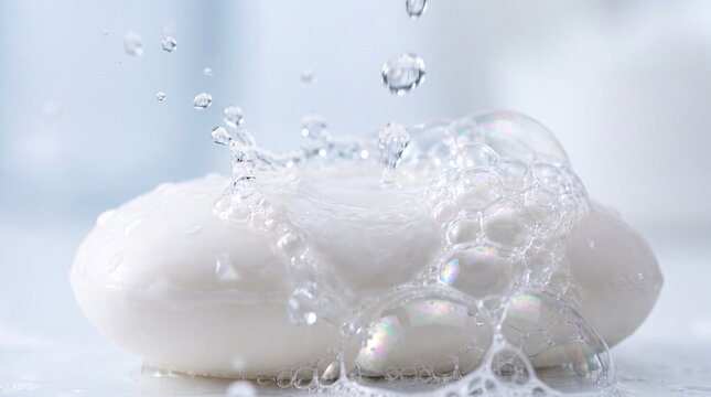 White soap bar with refreshing water splashes and bubbles for hygiene and skincare concept macro close up view featuring cleanliness and pure beauty elements in a bright minimalist setting