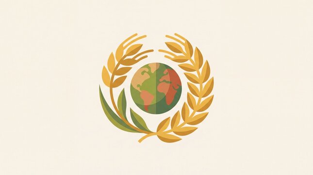 Stylized globe encircled by golden wheat stalks representing global agriculture and sustainable food security concepts in a minimalist vector illustration on a soft beige background design