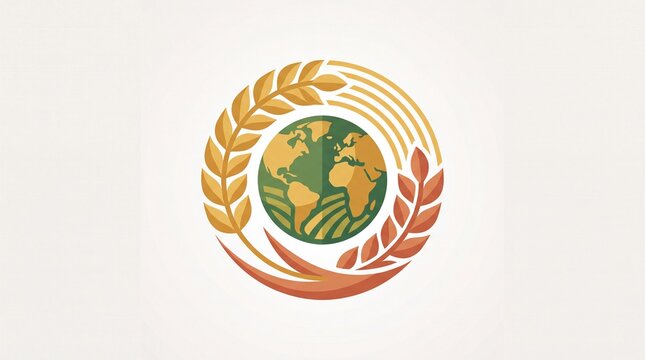 Stylized globe encircled by golden wheat stalks representing global agriculture and sustainable food production concept for international farming organizations