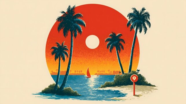 Tropical island sunset with palm trees, sailboat and location pin icon in warm red and orange tones for travel marketing design