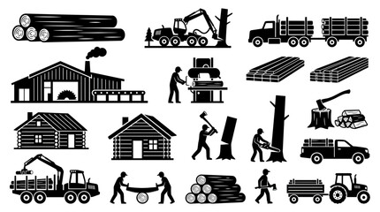 Obraz premium Wood Industry Icons: Logging, Sawmill, Forestry, Timber Transportation