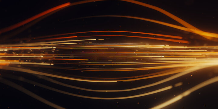 Golden curved data trail turning in abstract cyberspace. 3D quantum light flow with magic glow.
