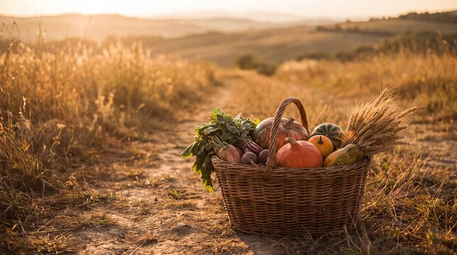 Rustic wicker basket filled with fresh autumn harvest vegetables and golden wheat stalks resting on a dusty countryside path during a warm golden hour sunset in the rolling rural landscape fields