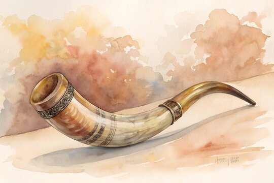 Detailed watercolor illustration of a traditional shofar horn featuring intricate metallic decorative bands and smooth natural textures painted in a soft artistic style with warm earthy tones and ligh