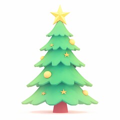 Fototapeta premium Green Christmas tree with yellow star topper and baubles. 3D rendered festive fir icon isolated on white background. Holiday decoration element for seasonal graphic design project.