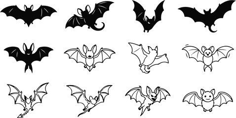 Fototapeta premium Bat silhouette collection diverse wing positions for halloween gothic designs