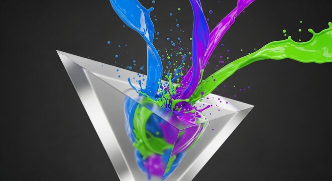 Colorful paint splashes emerging from a silver triangle