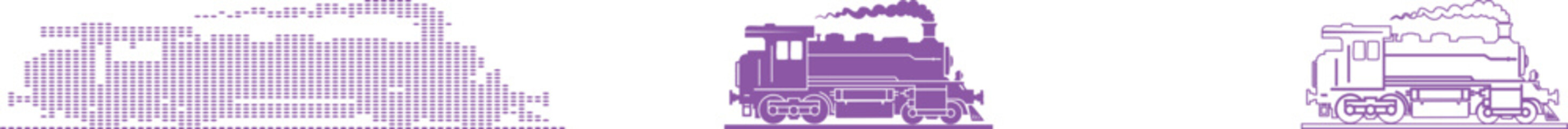 Three purple steam locomotives displayed in different styles including halftone dot pattern, solid silhouette, and clean line outline on a white background © Iqbal