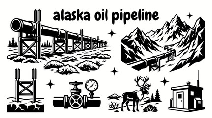 trans alaska oil pipeline stretching across snowy mountains with elevated steel supports frozen tundra rugged peaks industrial infrastructure and dramatic northern scenery creating an iconic energy © samira