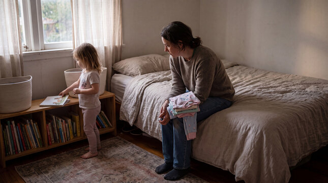 Fatigued Parent Resting On Bed Edge During Evening Childcare Routine