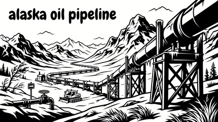 trans alaska oil pipeline stretching across snowy mountains with elevated steel supports frozen tundra rugged peaks industrial infrastructure and dramatic northern scenery creating an iconic energy © samira