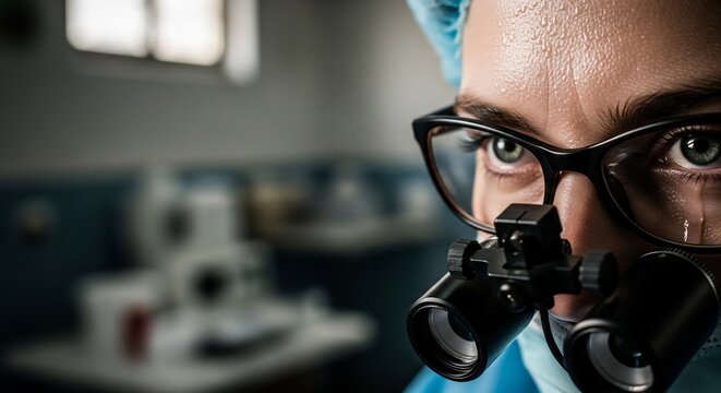 Closeup of person wearing glasses with microscope lenses