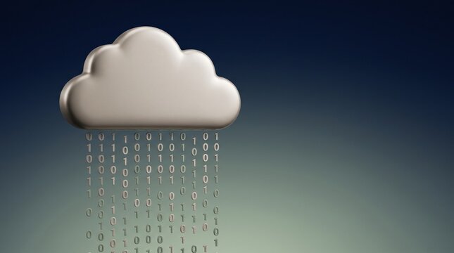 Matte cloud icon with gentle binary code falling on dark background, code rain, binary flow, cloud technology concept