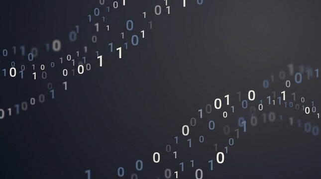 Floating binary digits in open dark space with soft depth, code rain, binary flow, digital data background for business
