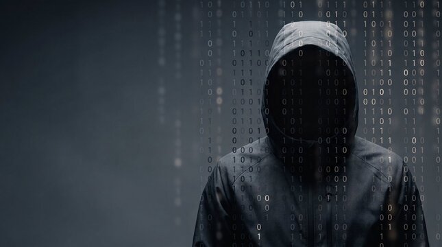 Professional hooded figure in studio with clear binary streams, code rain, binary flow, cybersecurity protection concept
