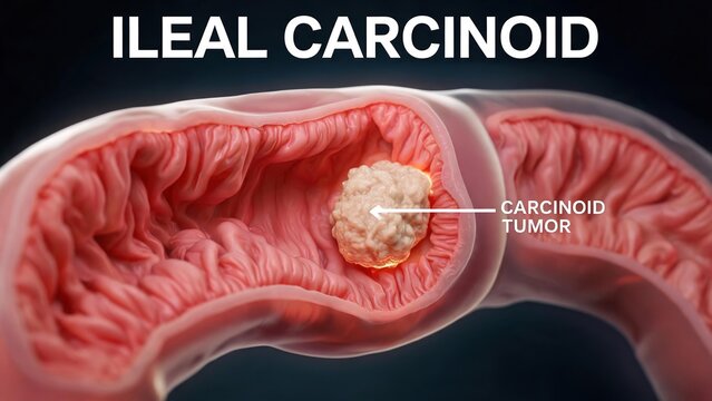 3D Cutaway Medical Render of Ileal Carcinoid Tumor, Cross Section of Human Ileum Small Intestine with Single Pale Lobulated Neuroendocrine Tumor Inside Intestinal Lumen, Single Arrow Label Annotation 