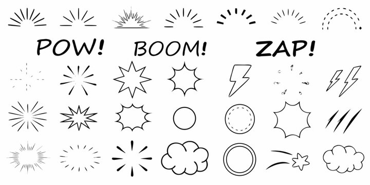 Comic book style explosion and energy effects black and white line art