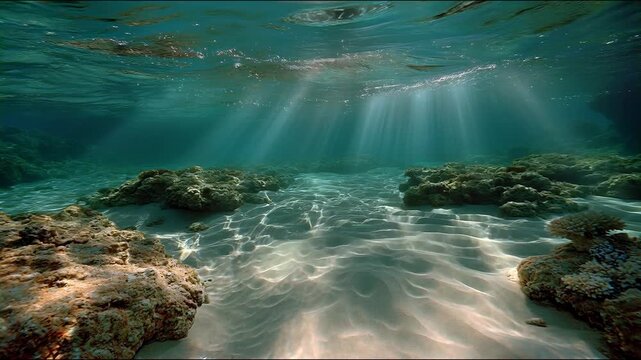 The sun&rsquo;s rays pierce the depths of the sea  creating a serene backdrop for the underwater world  meditation and the beauty of the ocean.