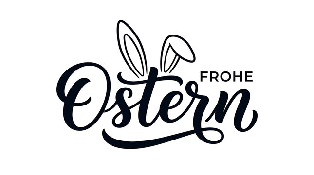 Black and white handwritten frohe ostern calligraphy text design featuring cute bunny ears for a festive spring holiday greeting card or a seasonal social media graphic