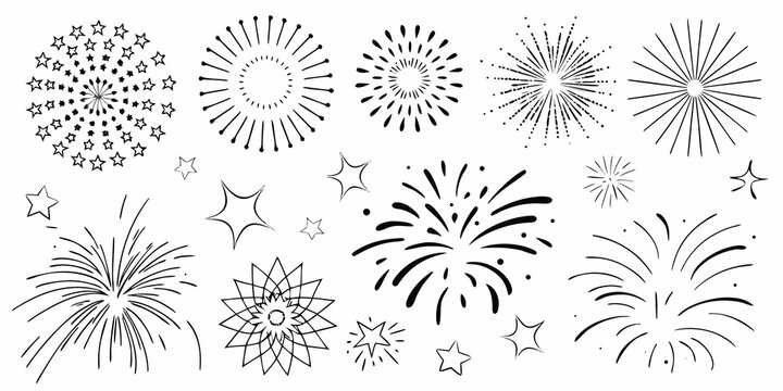 Firework Display Line Art Black And White Vector Illustration
