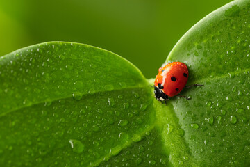 ladybug on green leaf with water droplets © Pixel-Shot