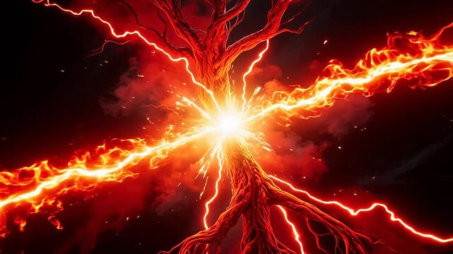Fiery orange lightning erupts in dark void