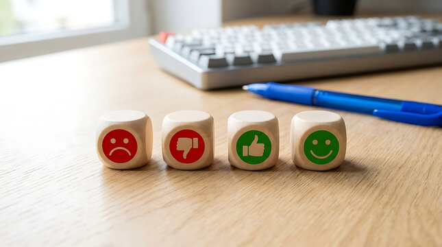Wooden cubes featuring diverse icons of smiley faces and thumbs up or down symbols arranged in a row on a clean desk for customer feedback analysis