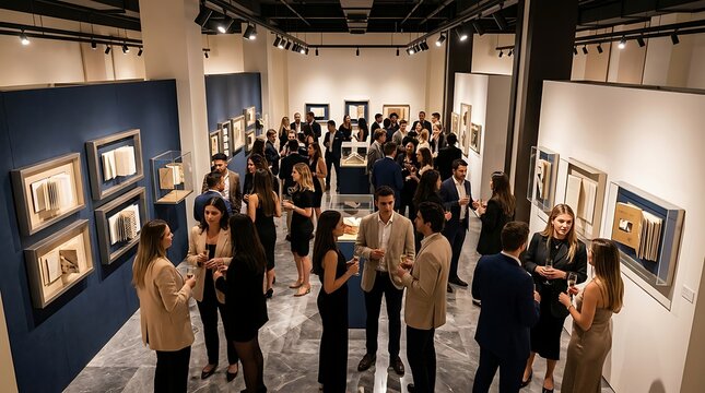 Elegant art gallery exhibition opening with people networking