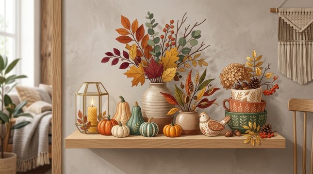 A cozy autumnal arrangement with pumpkins, leaves, and a candle on a wooden shelf in a warm, beige room with a macrame wall hanging and a cozy blanket.