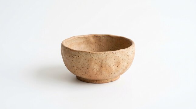 A small, round, ceramic bowl with a textured, speckled exterior, placed on a white surface with a neutral background.
