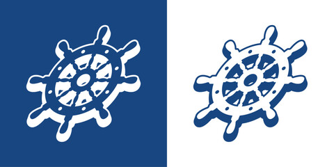 Logo nautical. Silueta de volante de timón de barco en perspectiva 3d en azul y blanco  © teracreonte