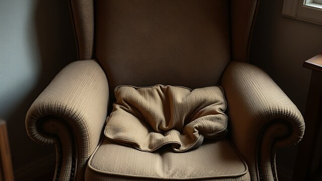 An old, well-worn armchair with a sunken cushion in a cozy corner.