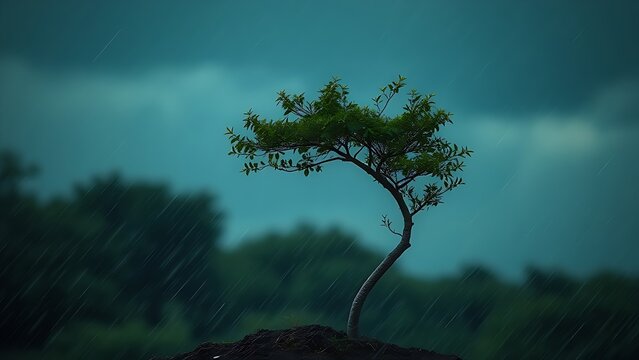 A slender tree bending dramatically in a storm, rain and wind blurring the background.