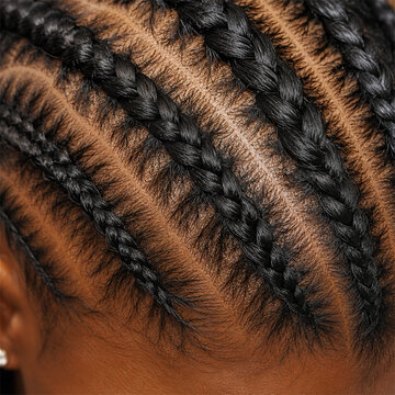 Tight cornrow braids close up on natural hair showing neat parting scalp detail woven texture protective styling pattern and personal grooming for beauty lifestyle culture and care detail