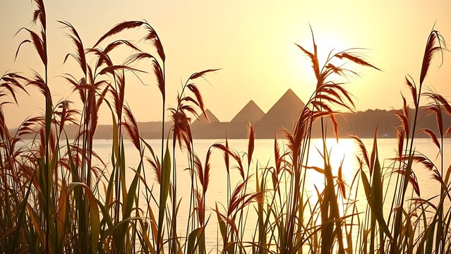 Papyrus reeds swaying by the Nile River with pyramid silhouettes at golden hour.