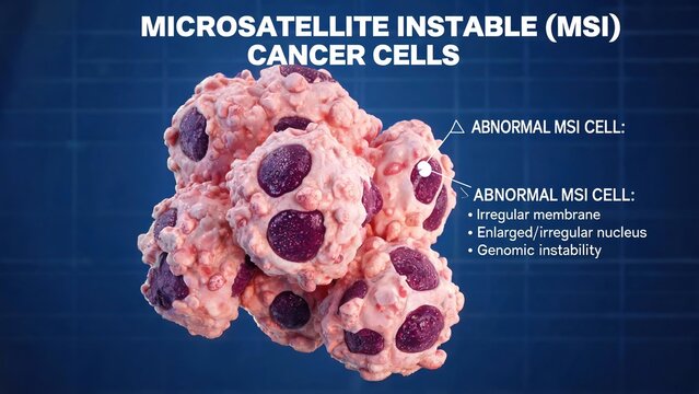 3D Biomedical Render of Microsatellite Instable (MSI) Cancer Cells, Cluster of Malignant Neoplastic Cells with Enlarged Irregular Nuclei, Labeled Annotations Detailing Abnormal Membrane and Genomic In