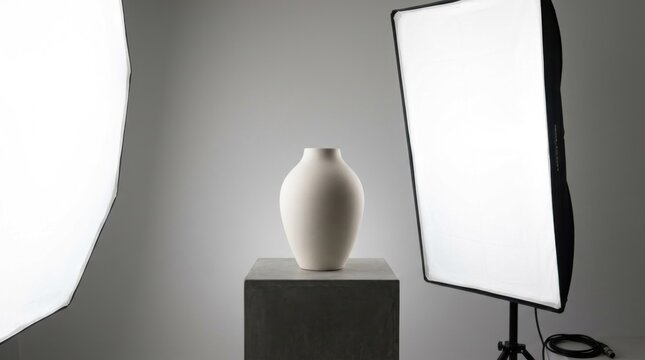 A white vase with a smooth, rounded shape sits on a concrete pedestal in a minimalist studio setting with two large, bright lights illuminating it from both sides.