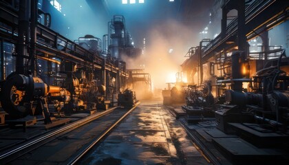 Obraz premium Industrial Factory Interior with Molten Metal and Machinery.