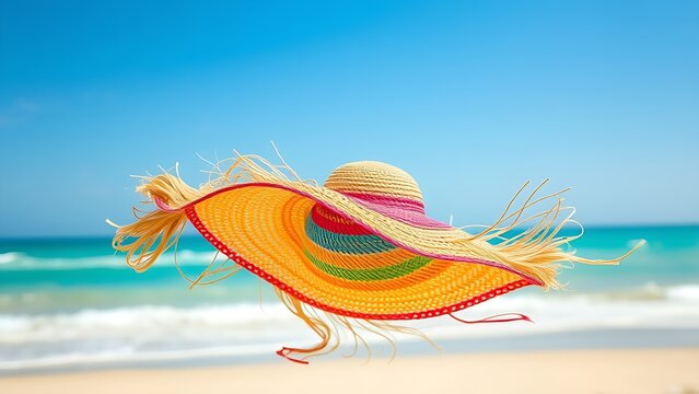 A colorful straw hat tumbling in the wind against a blue sky and beach.