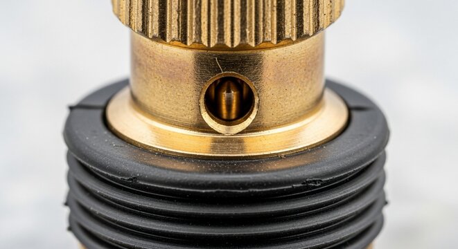 Close-up of gold and black industrial connector on isolated background